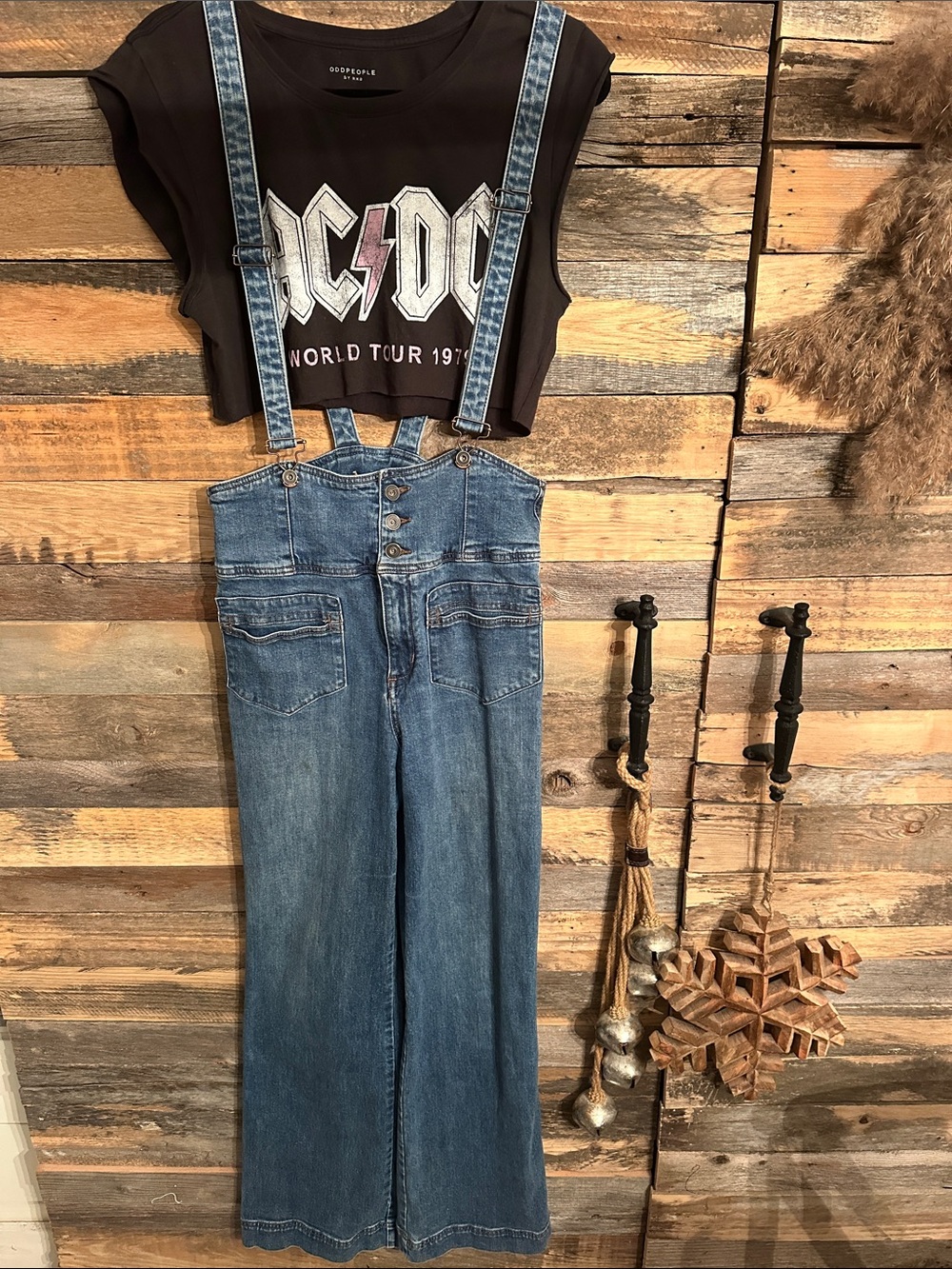 Free People Blue High-Waist Wide-Leg Denim Overalls with Adjustable Straps